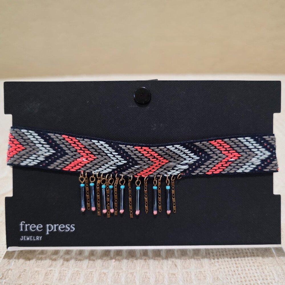 NWT free press Pink Grey Woven Tribal Boho Chic Colorful Fringe Choker Necklace